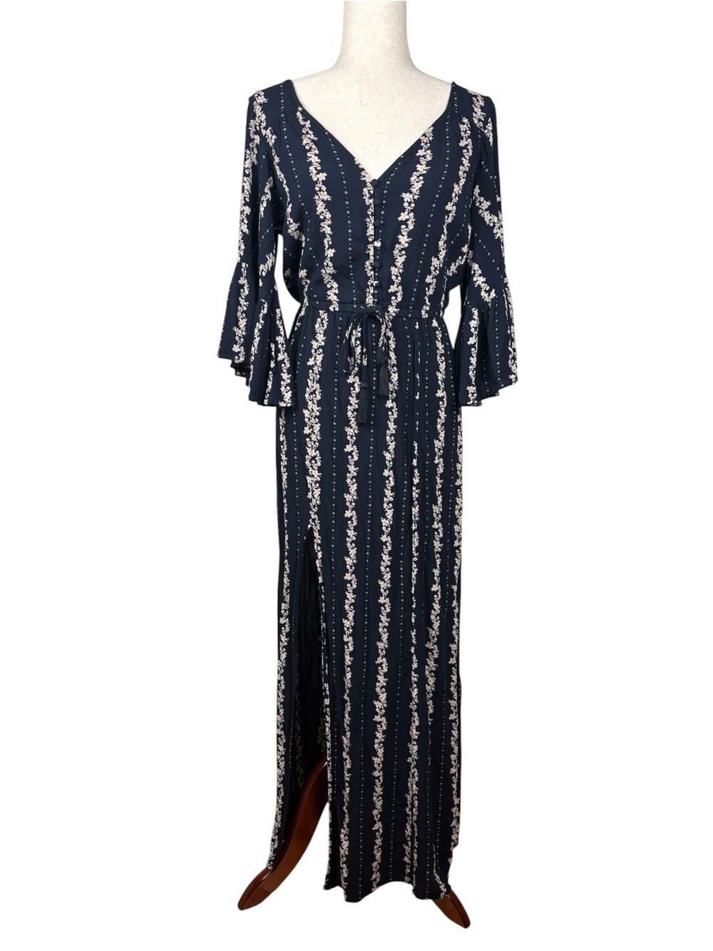 American Eagle Navy Floral Bell Sleeve Maxi Dress Side Slit S Bohemian Flowy